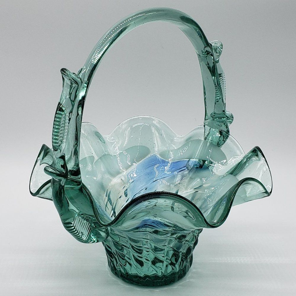 Teal White Blue Vintage Art Glass Ruffled Waffle Fruit Basket with Handle - Picture 12 of 15